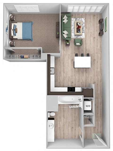 Floor plan for 1 bed, 1 bath, 605 sqft